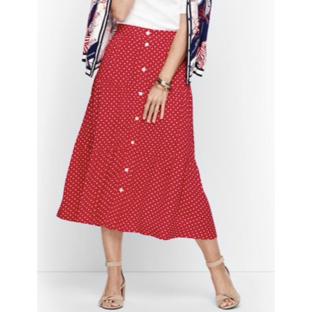 Talbots Women's Small Red White Polka Dots Tiered Button Front Midi Skirt NWOT